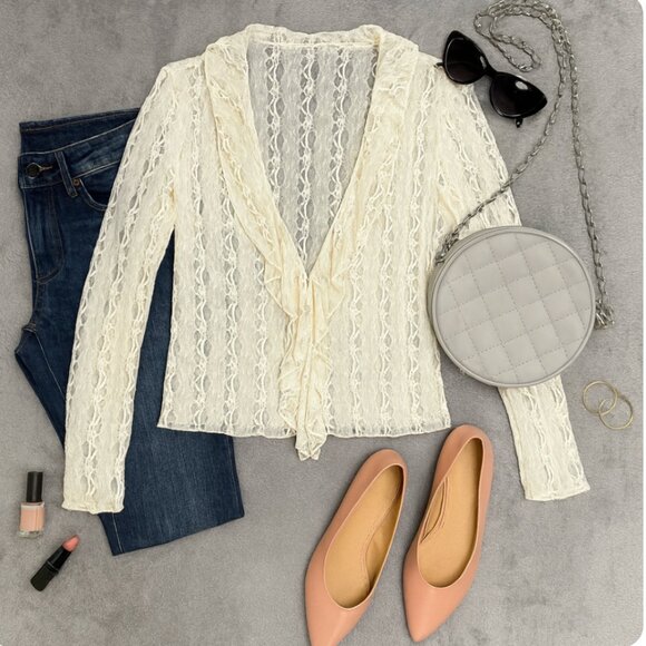 J Jill Lace Cardigan Womens L Ivory Sheer Ruffle Romantic Boho Cottagecore - Picture 6 of 9